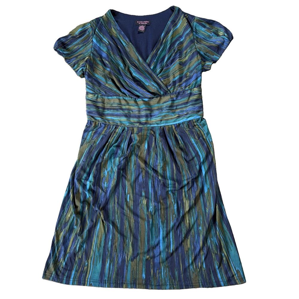 Vintage Y2K Signature by Robbie Bee Sz 1X Blue Teal Abstract Surplice Dress - Picture 2 of 10